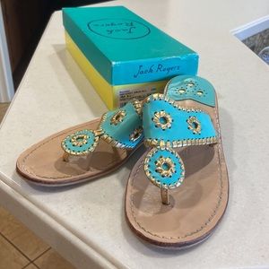 Jack Rogers Nantucket Caribbean Blue w Gold sandals. Size 9. EUC.